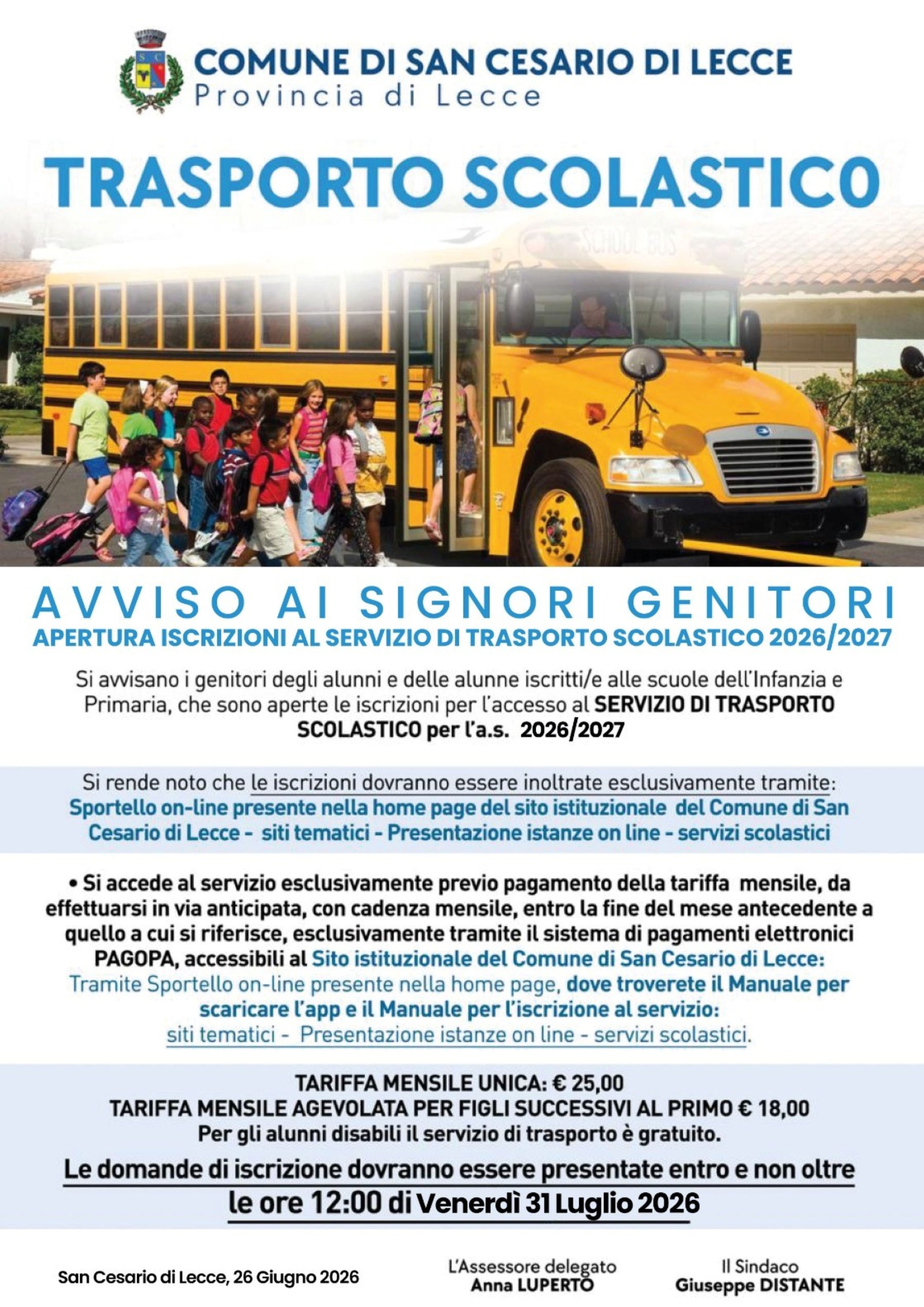 Apertura Iscrizioni Servizi Scolastici A.S. 2026/2027