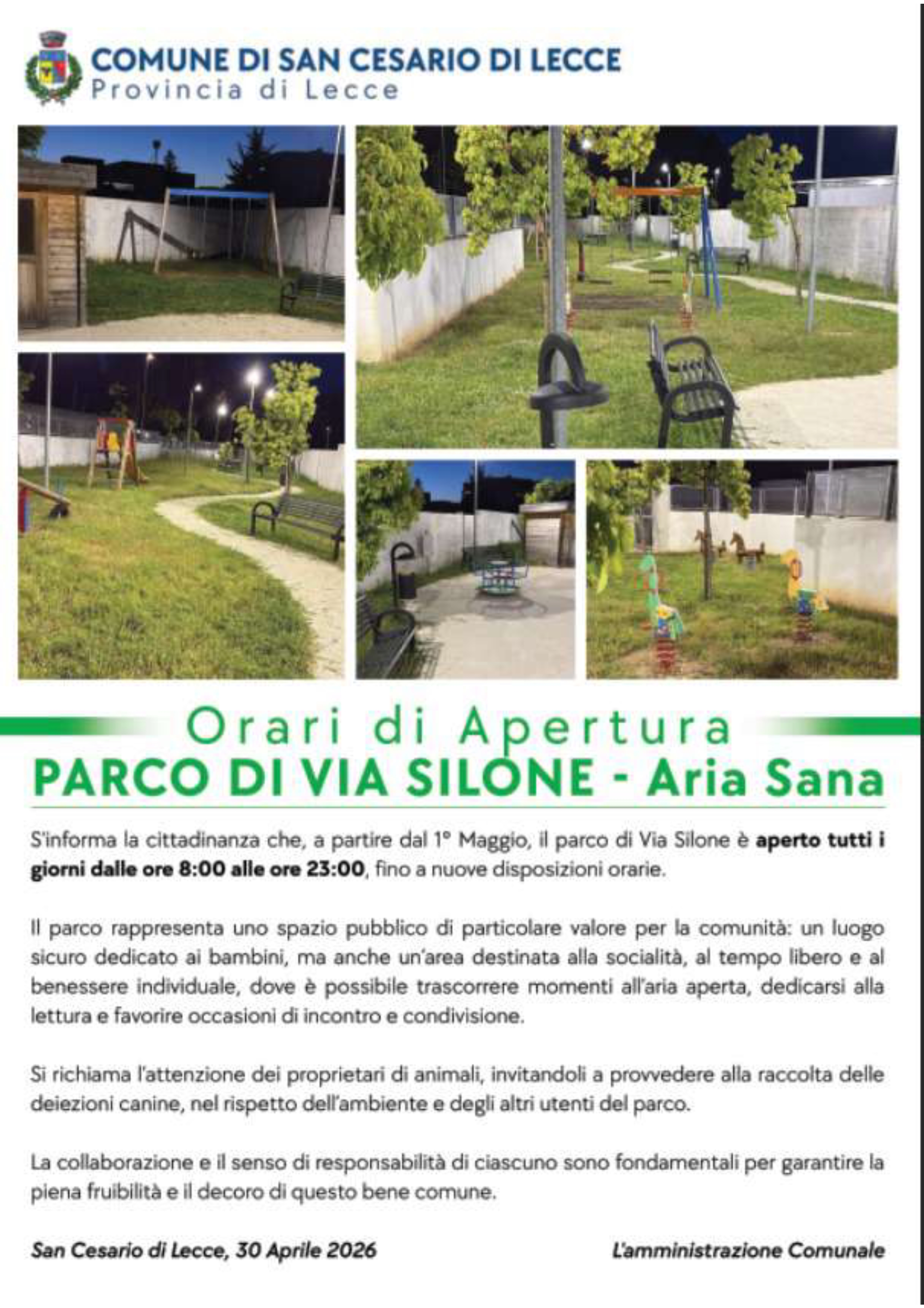 Orari apertura Parco di Via Silone - AriaSana